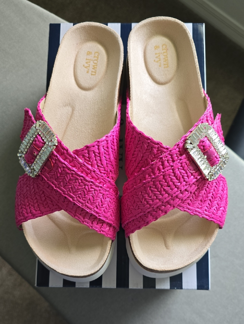 crown & ivy Hot Pink Braided Slide Sandals with Rhinestone Buckle